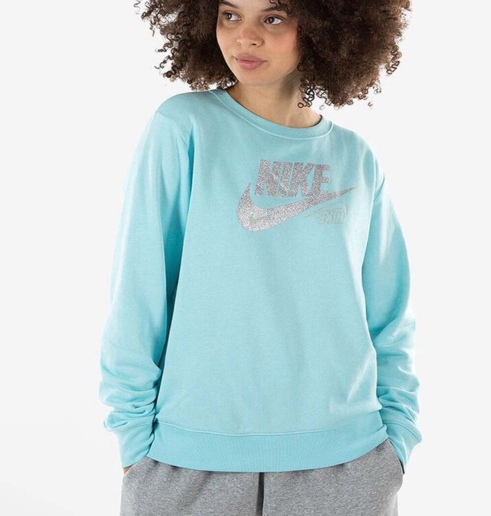 Nike Women's Light Blue Crewneck Sweatshirt w/ Glitter Logo Sz XS (oversized)